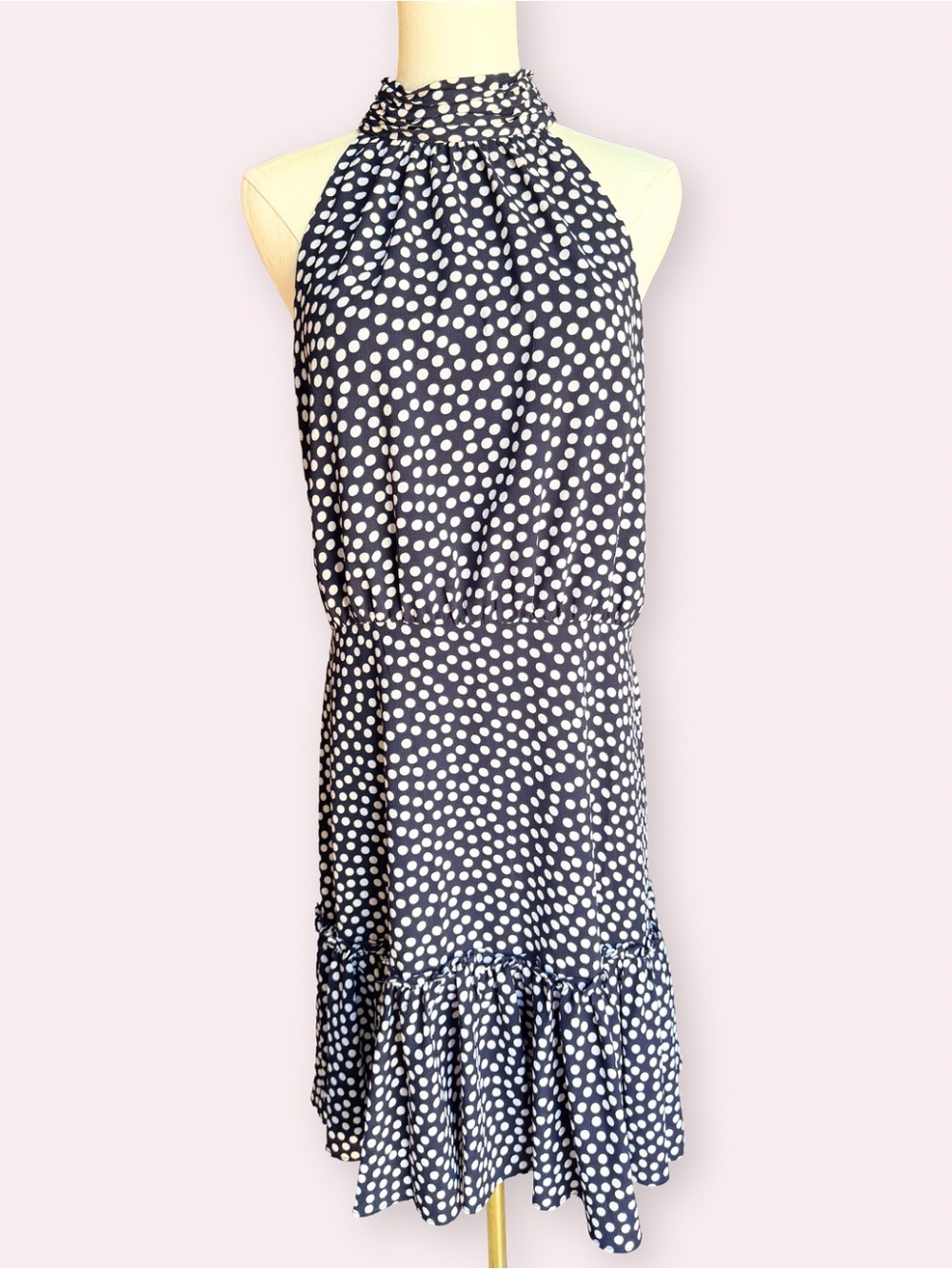 Betsey Johnson Navy Blue White Polka Dot Halter Dress Ruffle Hem